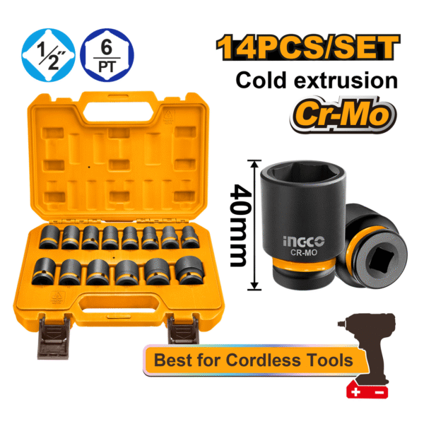 JOGO SOQUETE IMPACTO 1/2" 40MM C/14PC INGCO Ref.: HKISSD12141