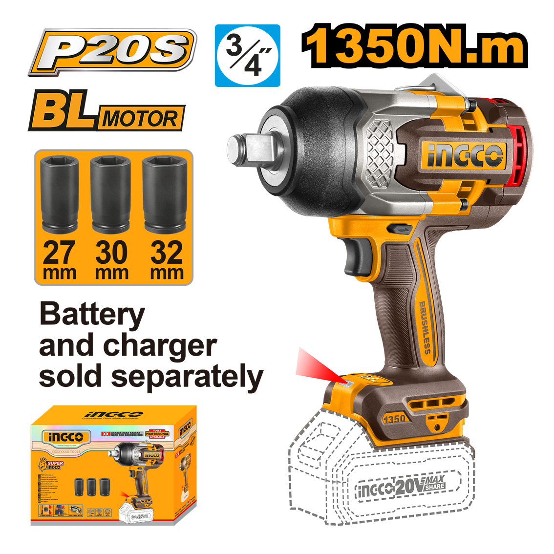 CHAVE DE IMPACTO ENCAIXE SEXTAVADO 3/4” 1350N.m À BATERIA ÍON-LÍTIO 20V INGCO CIWLI201351 (NÃO ACOMPANHA BATERIA)