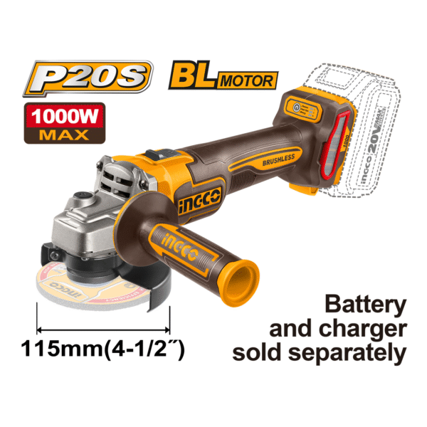 ESMERILHADEIRA ANGULAR BRUSHLESS INDUSTRIAL 4.1/2" 1000W À BATERIA 20V INGCO CAGLI27153 (NAO ACOMPANHA BATERIA)
