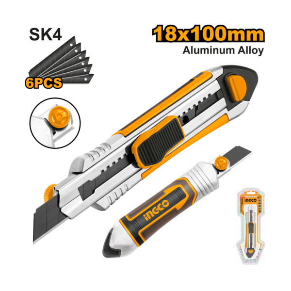 ESTILETE ALUMINIO BOTAO CHATO C/6 LÂMINAS SK4 18X100MM INGCO HKNS1808