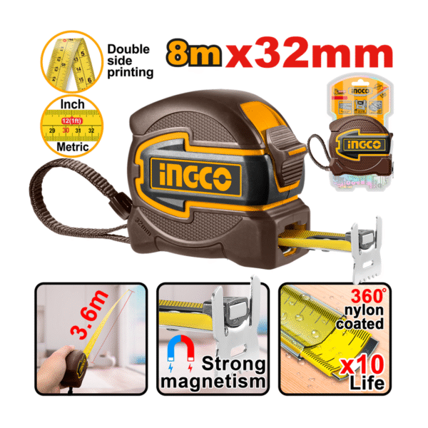 TRENA EMBORRACHADA MANGNETICA COM BOTÃO DUPLO 8MX32MM INGCO HSMT80832