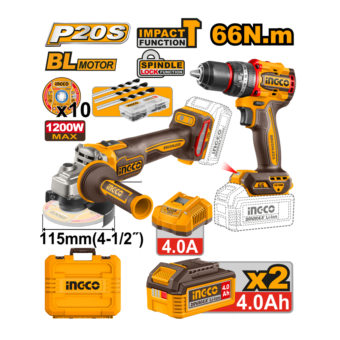 COMBO PARAFUSADEIRA 66N.m + ESMERILHADEIRA 4.1/2" 1200W C/2 BAT 4.0Ah + JG DE BROCA + JG 10 DISCOS CORTE INGCO CKLI20256-9