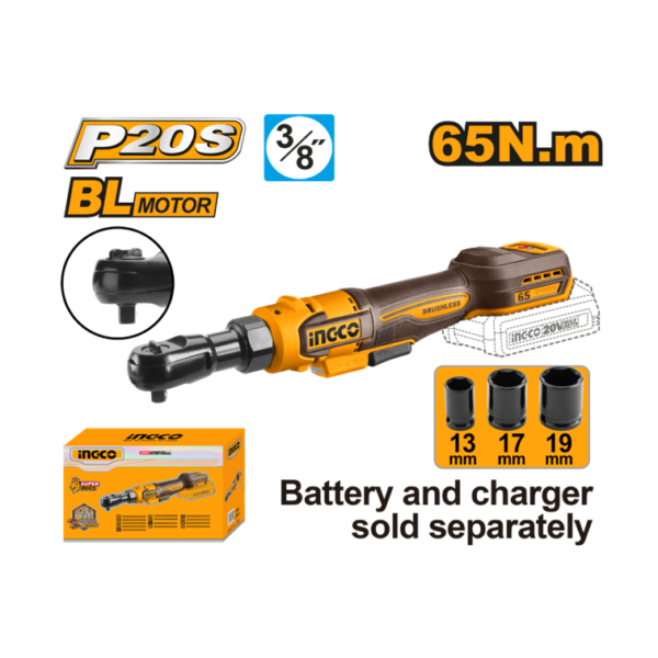 CHAVE CATRACA 3/8" 65N.m À BATERIA ÍON-LÍTIO 20V INGCO (NÃO ACOMPANHA BATERIA) CDRLI206521