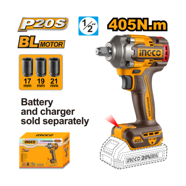 CHAVE DE IMPACTO ENCAIXE QUADRADO 1/2” 405N.m À BATERIA ÍON-LÍTIO 20V - INGCO (NÃO ACOMPANHA BATERIA) CIWLI20451