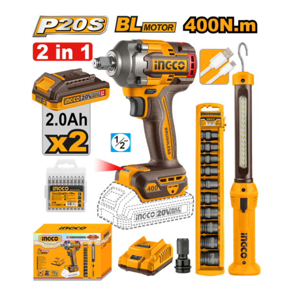 COMBO CHAVE DE IMPACTO ENCAIXE SEXTAVADO 1/2” 400N.m À BATERIA ÍON-LÍTIO 20V + LAMPADA DE TRABALHO LED 3,6B 300LMS + JOGO SOQUETE DE IMPACTO C/10PC COSLI23048-9