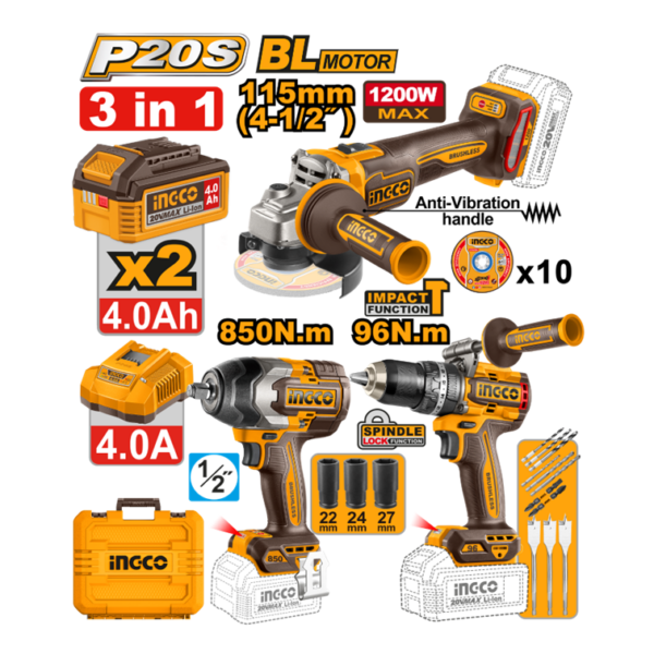 COMBO PARAFUSADEIRA 96N.M+CHAVE IMPACTO 850N.M+ESMERILHADEIRA 4.1/2"+CHAVE IMPACTO 850N.M+ESMERILHADEIRA 4.1/2" 1200W COM 2 BATERIAS 4.0AH COSLI251292-9