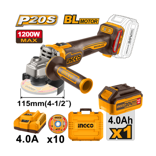 ESMERILHADEIRA ANGULAR BRUSHLESS INDUSTRIAL 4.1/2" 1200W À BATERIA 20V INGCO C/ BAT 4.0A.h CAGLI2211531-9
