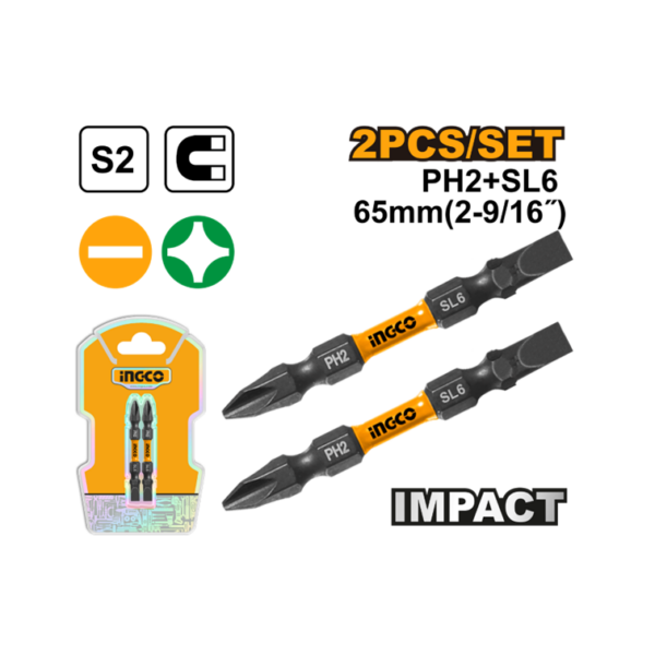 JOGO DE BITS DE IMPACTO PH2+SL6 65MM C/2 PC INGCO SDBIM72HL665