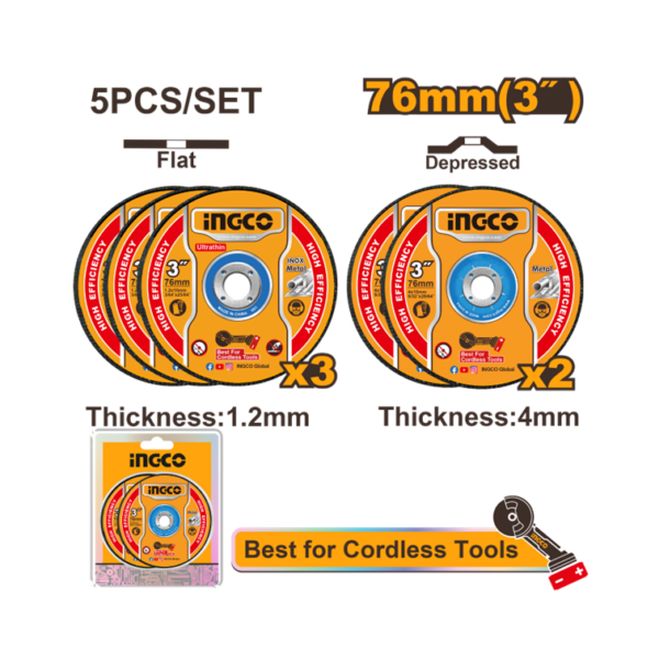 JOGO DE DISCO DE CORTE E DESBASTE 3” C/5 PC INGCO MCD303768