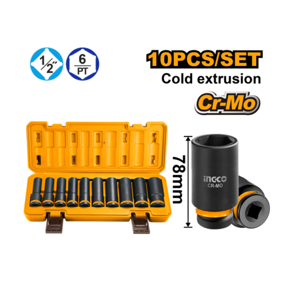 JOGO SOQUETE IMPACTO 1/2" LONGO 78MM C/10PC INGCO HKISSD12102L