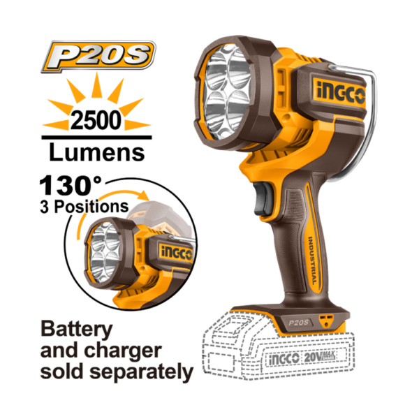 LANTERNA DE TRABALHO 2500 LUMENS À BATERIA ÍON-LÍTIO 20V INGCO (NÃO ACOMPANHA BATERIA) - CWLI20885