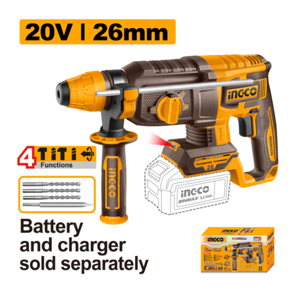 MARTELETE ROTATIVO BRUSHLESS 2‚5J SDS PLUS À BATERIA 20V INGCO (NAO ACOMPANHA BATERIA) CRHLI26208