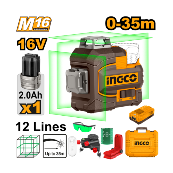 NIVEL A LASER 12 LINHAS VERDE 35M C/MALETA À BATERIA 16V INGCO UHLL301201-9