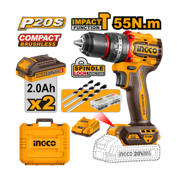PARAFUSADEIRA E FURADEIRA COM IMPACTO 1/2” 55N.m À BATERIA ÍON-LÍTIO 20V C/2 BAT 2.0Ah INGCO CIDLI20558-9