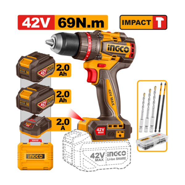 PARAFUSADEIRA E FURADEIRA COM IMPACTO 1/2” 69N.m À BATERIA ÍON-LÍTIO 42V C/2 BAT 2.0Ah INGCO CIDLI426982-9