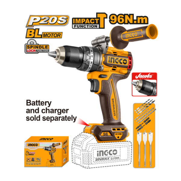 PARAFUSADEIRA E FURADEIRA COM IMPACTO 1/2” 96.m ÍON-LÍTIO 20V + CONJ BROCAS CHATAS INGCO (NAO ACOMPANHA BATERIA) CIDLI209685