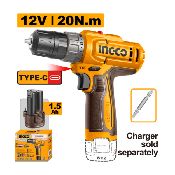 PARAFUSADEIRA E FURADEIRA COM IMPACTO 3/8” 20Nm À BATERIA ÍON-LÍTIO 12V C/ 1 BATERIAS 1‚5AH INGCO CDLI122061