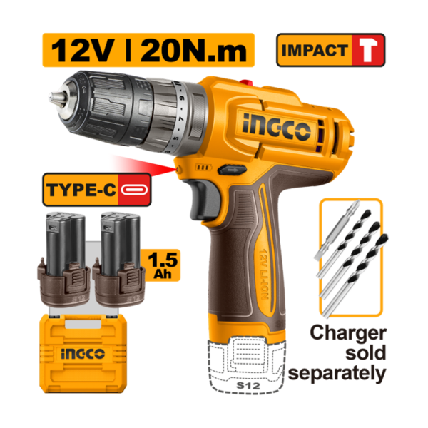 PARAFUSADEIRA E FURADEIRA COM IMPACTO 3/8” 20Nm À BATERIA ÍON-LÍTIO 12V C/ 2 BATERIAS 1,5AH INGCO CIDLI12206